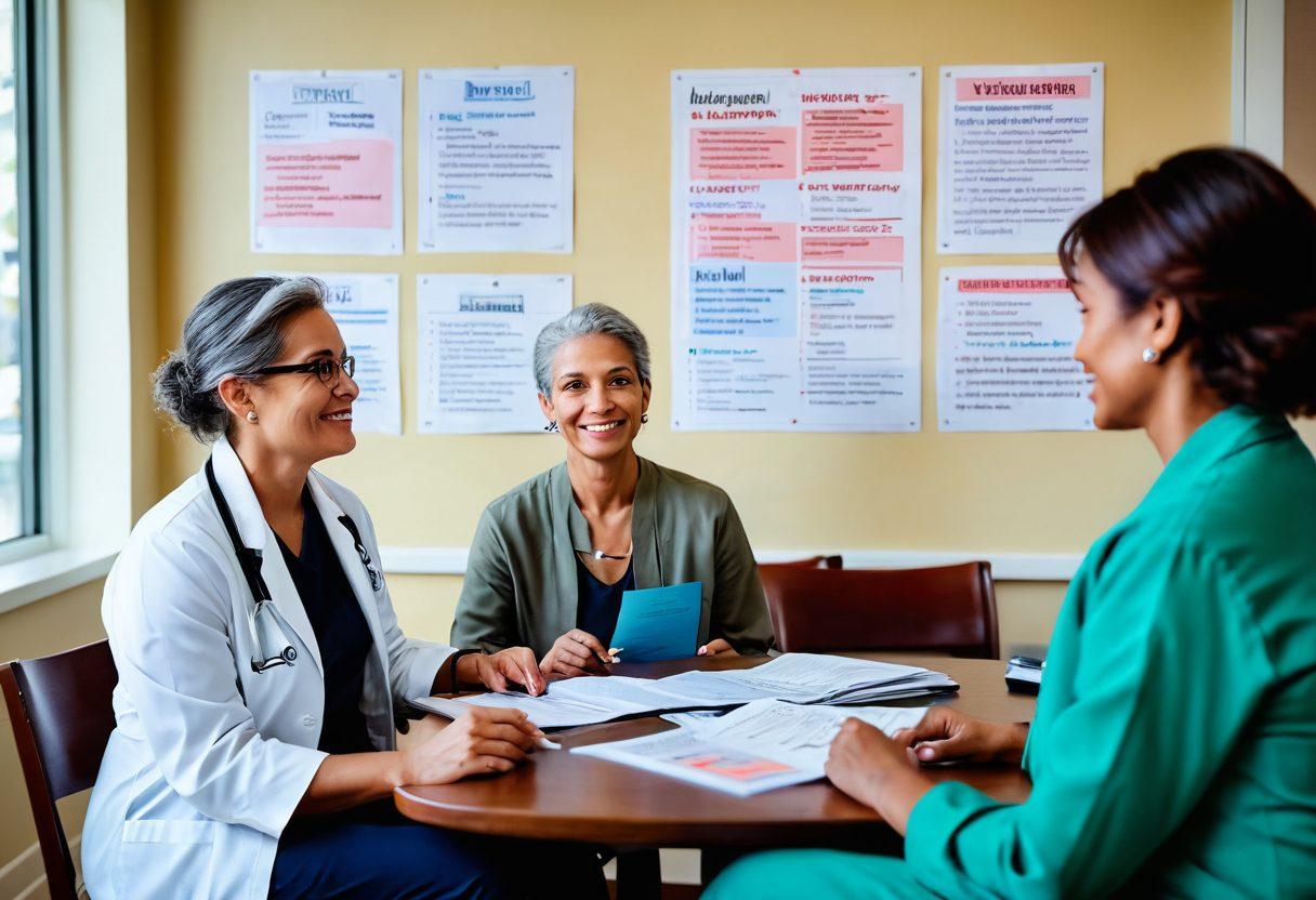 A patient and an oncologist are sitting in a bright, welcoming room filled with motivational posters about overcoming cancer. The oncologist is explaining a chart illustrating progress towards remission, while the patient looks hopeful and engaged. In the background, there are books about cancer treatment and supportive resources. The atmosphere is warm, emphasizing a journey from diagnosis to healing. super-realistic. vibrant colors. soft lighting.