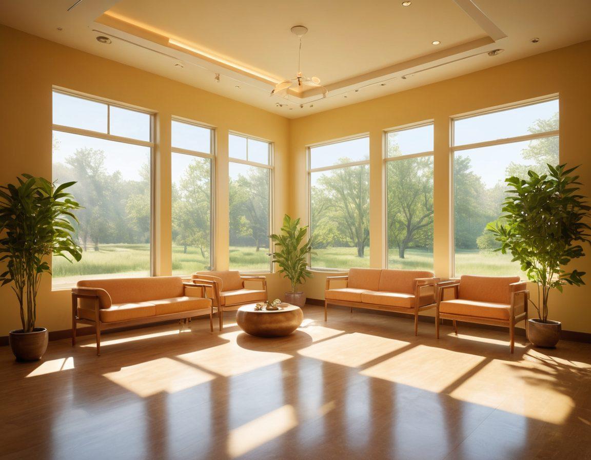 A serene healthcare environment showcasing a diverse group of patients and caregivers engaging in support activities, such as meditation and group discussions. Soft, warm lighting with elements of nature like plants and sunlight streaming through large windows to evoke hope and healing. Include symbols of cancer awareness, like ribbons, integrated into the decor. super-realistic. vibrant colors. calming ambiance.