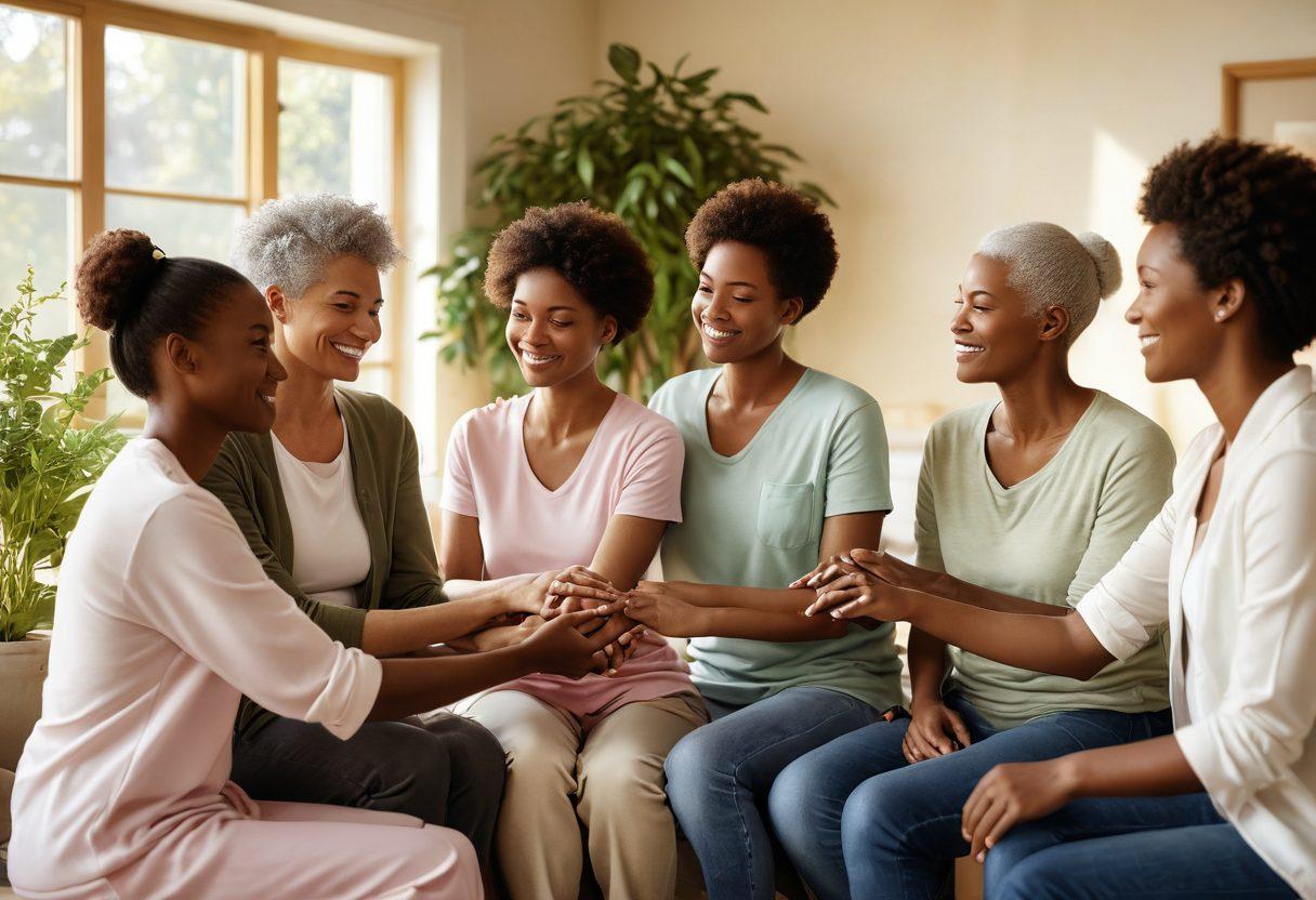 A comforting scene depicting a diverse group of individuals gathered in a sunlit room, engaging in heartfelt discussions and support activities. Include symbols of cancer awareness such as ribbons, herbal healing elements, and comforting gestures like holding hands or hugs. The background should be filled with plants and calming colors, suggesting a nurturing environment. super-realistic. warm tones. inviting atmosphere.